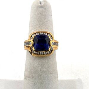 Estate Sterling Silver 925 Gold Plated Blue Sapphire CZ Ring Size 5, 7.0g